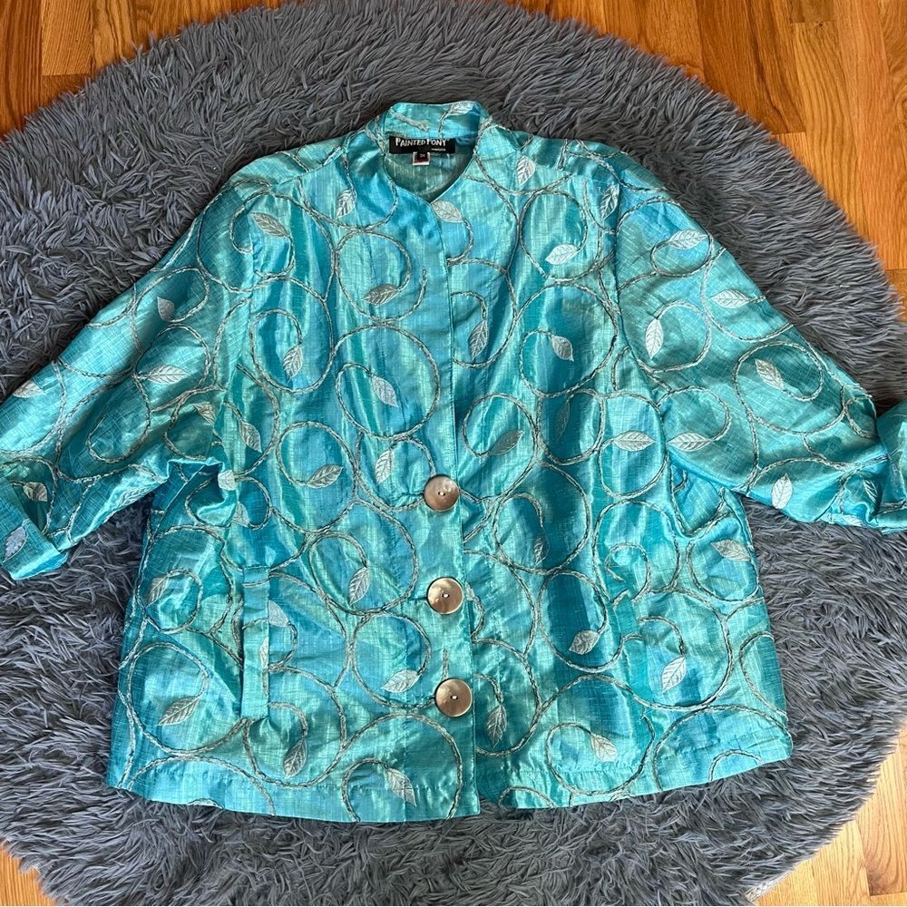 Painted Pony Blue Burnout Velvet Leaf Pattern Lagenlook Artsy Jacket Size 3X